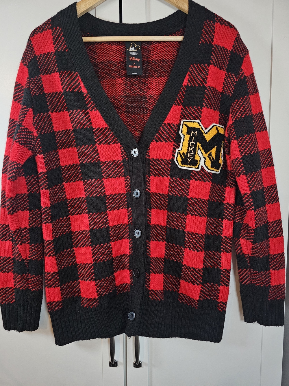 Disney x Forever 21 Mickey Mouse Buffalo Plaid Cardigan Sweater Women's Small